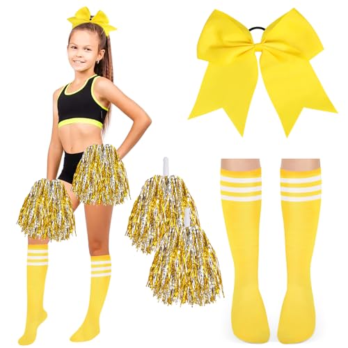 DPKOW Accessori per costumi da cheerleader per ragazze donna carnevale vestito Accessori pon pon cheerleader, 1 paio di pompon da cheerleader + un fiocco per capelli giallo + 1 paio di calzini a righe