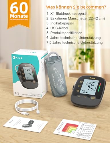 AILE Oberarm Blutdruckmessgerät für den Hausgebrauch,Digitale Blutdruckmessgeräte mit Verstellbar Große Manschette (22-42 cm) Automatisches Bluthochdruck Messgerät Einknopfbedienung