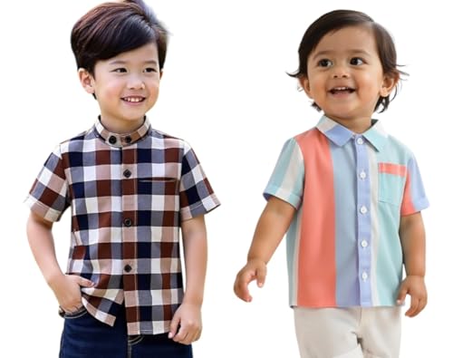 Image of Boys Short Sleeve Button Down Shirts, Plaid and Striped Pattern, Cotton Casual Tops, Pack of 2
