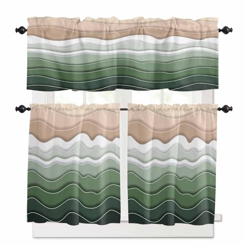 Sage Green Ombre Stripe Kitchen Curtains 36 Inch Length,3 Piece Rod Pocket Small Half Tiers and Valance Set,Abstract Summer Beach Coastal Small Large Window Treatment Decor for Bedroom/Bathroom Sink