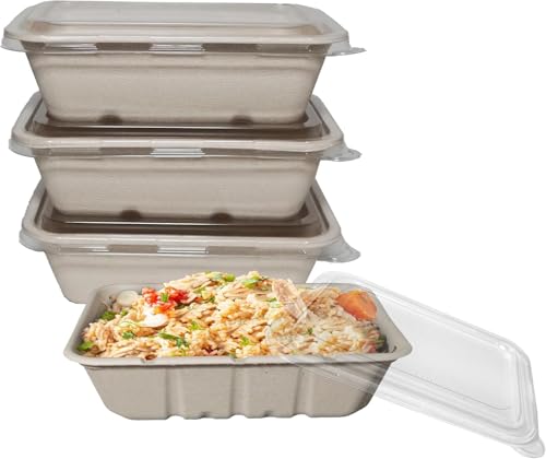 EcoQuality 22oz Disposable Bowls with Clear Lids - Rectangular Compostable Sugarcane Fiber Biodegradable Paper Bowls Eco-Friendly Take Out Food Storage Containers, Microwave Safe, Meal Prep (100)