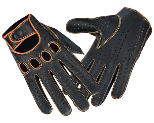 Image of Riparo Men's Leather Driving Gloves - Genuine Cowhide Full-Finger Gloves for Driving & Motorcycle Riding - Breathable Perforated Motorsport Style