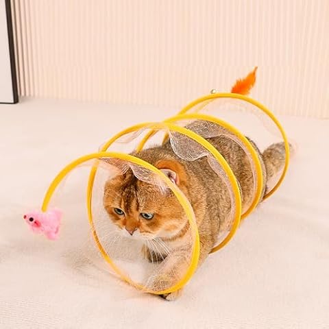 AMYESE Small Cat Tunnels - Interactive Pet Tube Toy, Cat Activity Tunnel with Plush Mouse Bell Feather Toy, Shiny S-Shaped Pet Hunt Chase Training Center for Kitten, Ferret, Small Animals Cover