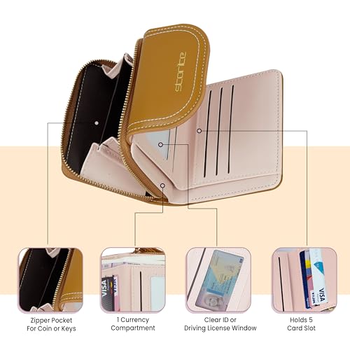 Image of Storite Women's Stylish Compact Leather Wallet 5 Card Slots,1 ID Window, Ladies Mini Purse Money Pocket with Zipper Closure (Brown - 11 x 9 x 3 Cm)