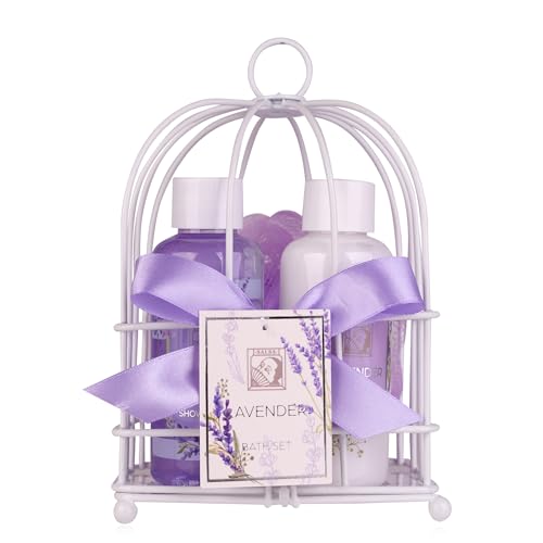 Accentra – Duschset Frauen Geschenkset LAVENDEL in wunderschönem Drahtkorb – 3-teiliges Pflegeset mit Duschgel, Bodylotion und Badeschwamm – Wellness Geschenk Set zum Muttertag & Valentinstag