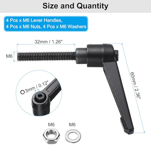 Image of uxcell 4pcs Lever Adjustable Handles M6 x 32mm Metric Male Thread with Nuts Washers, Level Clamping Handle Set Hand Stud Knobs Rotating Screw Handles Bolts with Locking Lever, Black