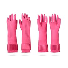 Mamison 2 Pairs Reusable Waterproof Household Dishwashing Cleaning Rubber Gloves, Non-Slip Kitchen Glove Pink, Medium Pack of 2