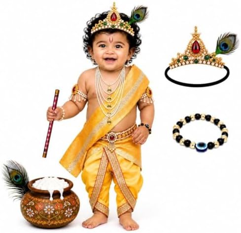 Raj Costume Shri Krishna Dress for Kids, Bal Krishna Costume for Baby Boy and Girl, Janmashtami Fancy Dress Costume, Krishna Dress for Kids