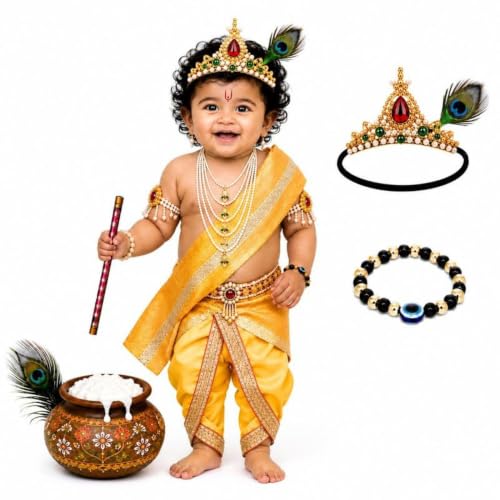 Image of Raj Costume Shri Krishna Dress for Kids, Bal Krishna Costume for Baby Boy and Girl, Janmashtami Fancy Dress Costume, Krishna Dress for Kids