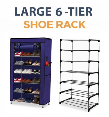 Image of Metal Shoe Stand with Cover, 6 Tier Shoe Organizer for Home & Office - Blue