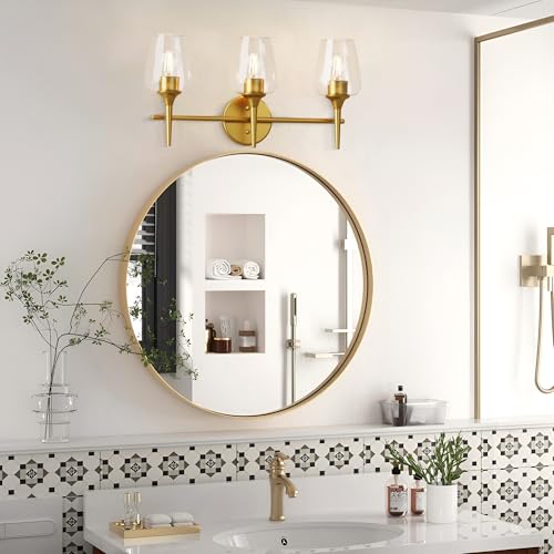 Image of 22 Inch 3-Light Gold Bathroom Vanity Light Fixtures | Wine Glass Clear Glass Wall Sconce, Modern Wall Mount Light for Bathroom, Hallway, Bedroom