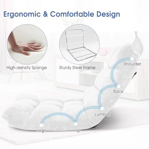Image of Giantex Floor Chair with Back Support, 14 Adjustable Position, Padded Sleeper Bed, Couch Recliner, Folding Gaming Floor Chairs for Adults, Living Room, Bedroom, Yoga, Meditation, White