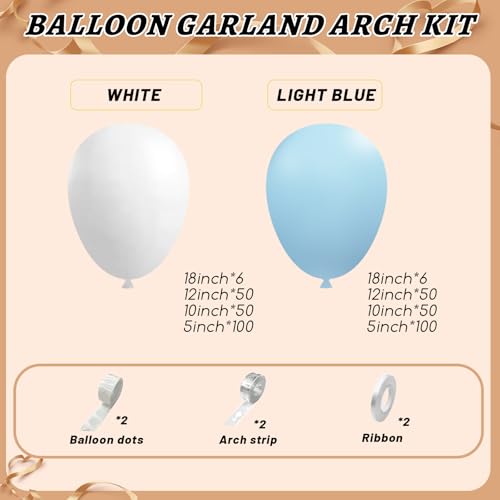 Image of 412Pcs Blue and White Balloon Arch Kit, 18 12 10 5 Inch Different Size Light Blue White Balloon Garland Kit for Baby Shower Graduation Birthday Wedding Party Decorations