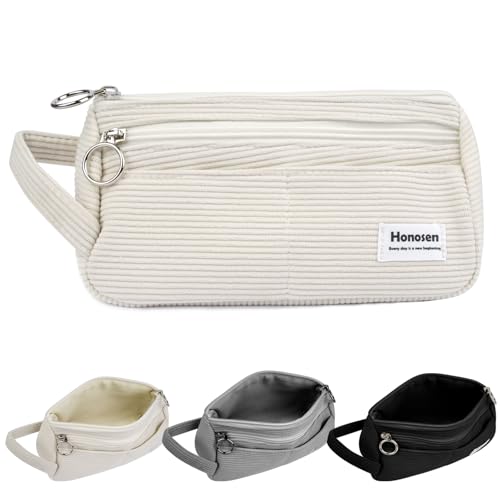 Honosen Federmäppchen Mäppchen, Cord Stoff Federmappe Mädchen Teenager Erwachsene, Mehrfächerige Stiftetasche Pencil Case mit Tragegriff, Federtasche für Schule Büro Weiß