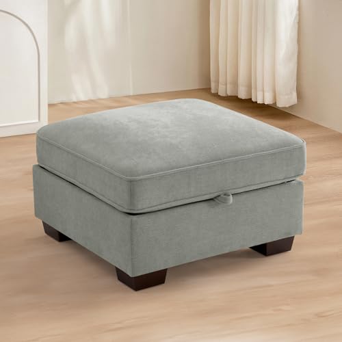 Image of TEKAMON 27.5 inch Storage Ottoman, Square Footrest with Sponge Padded Seat, Chenille Fabric Step Stool for Sofa, Bedroom, Living Room, Entryway, Modern Change Shoes Stool, Wood Legs, (Light Grey)