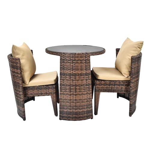 サンパーシー テーブルチェア 3点セット 組立完成品 ガーデンファニチャー 撥水クッション付き ラタン調 (ブラウン)