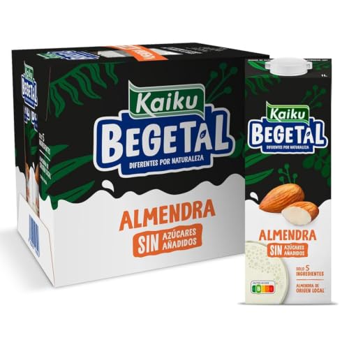 KAIKU BEGETAL - Bebida de Almendra Pack 6 x 1 L, 100% Vegetal, Sin Azúcares Añadidos, Vegana y Sin Gluten, Baja en Calorías, Sabor Suave, Alternativa a la Leche, Ideal para Café, Cereales y Recetas
