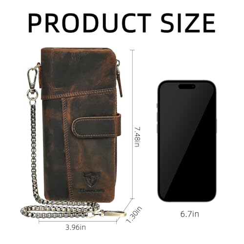 Image of Genuine Crazy Horse Leather Travel Gift Coin Pocket Card Case Long Organizer Chain Rfid Wallet Purse With Snap For Men Male 1803 1815 (1803B-Brown)