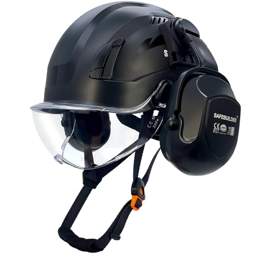 SAFEBUILDER S1C Safety Helmet with Visor Ear Muffs Hard Hats Construction Head Protection Lightweight Breathable Work Outdoor,Industrial ANSI Approved (S1C-Black+Clear Visor+B07 Earmuffs)