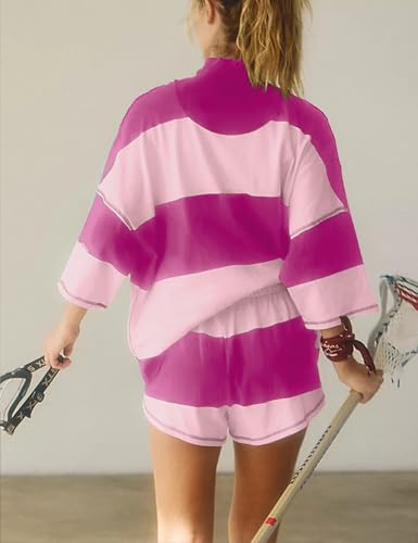 Womens Striped Two Piece Workout Set Oversized Quarter Zip Top Shorts with Pockets Outfit Tracksuit(Pink-L)3