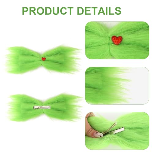 Gran moño verde peludo con clip de corazón rojo para cabello, accesorio navideño para niñas y mujeres miniatura 3