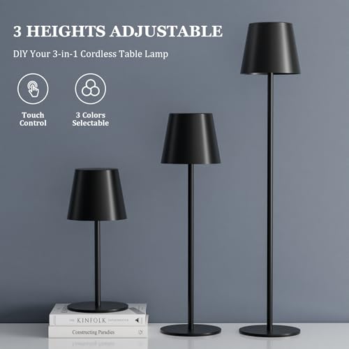 Image of Kakanuo 20 inch Black Cordless Table Lamp Rechargeable - 2 Pack 5000mAH Battery Operated Lamp for Counter, 3 Color Stepless Dimming Wireless Lamp for Dining Table, Touch Control