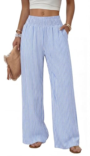 Sampeel Striped Wide Leg Linen Pants Woman Palazzo Trousers for Women 2026 Flowy Summer Beach Vacation Outfits Spring Cruise Travel Fashion Clothing Dressy Casual Lounge Resort Wear Blue M