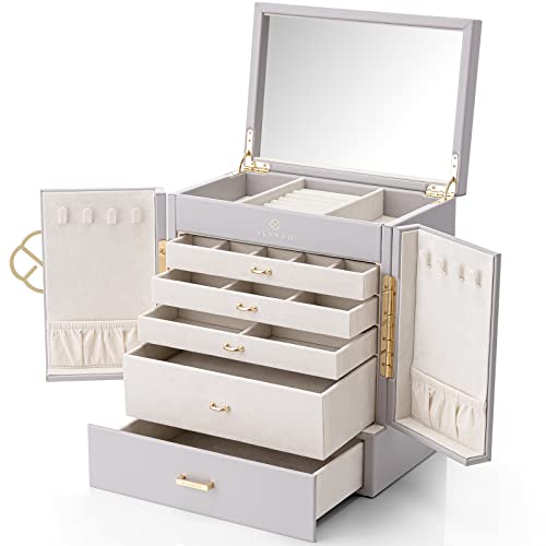 Vlando Jewelry Box Organizer Large Faux Leather Jewelry Box with 5 Drawn, Mirror Jewelry Boxes Storgewith Earrings Necklace Rings, Grey