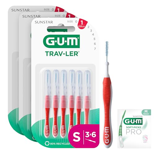 GUM TRAV-LER Scovolini interdentali | manico flessibile | pulizia profonda tra i denti e rimozione della placca | 0.8 mm, ISO 1 | Taglia S | Confezione 3x6 (+ 1 campione omaggio)