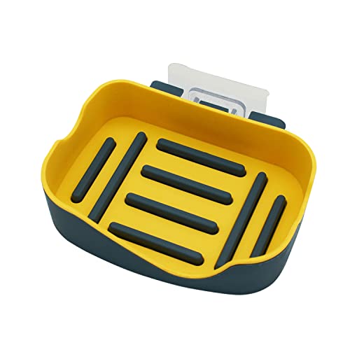 Seifenschalenhalter, Kunststoff-Seifenschale mit Wasserablauf-Rand-Design, Wandmontage, doppelschichtiger Abfluss, Seifenbox für Badezimmer, Dusche, Zimmer (dunkelblau/gelb) Cover