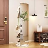 Full Length Mirror with Coat Rack,360° Swivel Solid Wood Floor Mirror with Storage Shelf, 2-in-1,Modern Standing Full Body Mirror,Floor Mirror for Living Room (White)