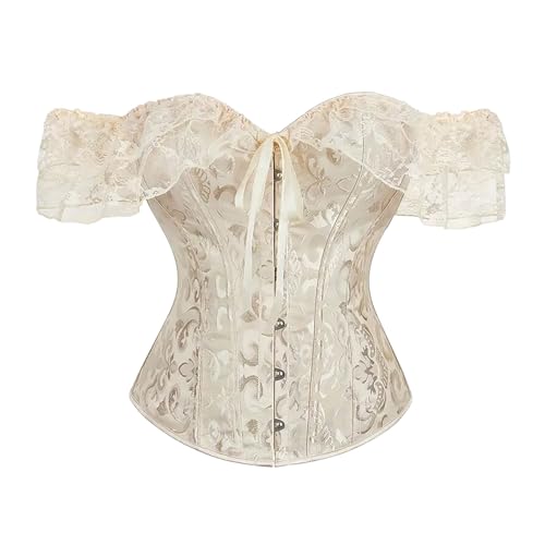 Damen Korsett Vollbrust Bustier Top Bauchweg Off Shoulder Corset Sexy Floral Corsage Retro Dirndl Bluse Bügel Spitze Dessous Gothic Oberteil Vintage...