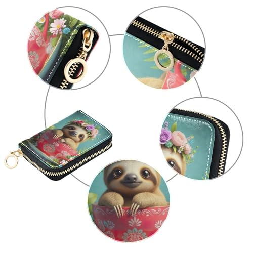 Cute Card Holder RFID Blocking Wallet for Women Zip Around Small Coin Purse Wallet with Zipper Cute Sloth Cup Animal4