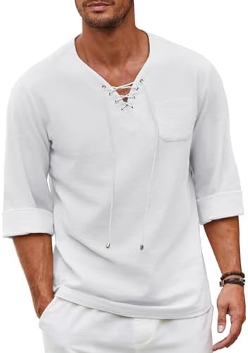 COOFANDY Mens Casual Long Sleeve Henley Shirt Lace up Cotton Linen Men Shirt Linen Beach Tee Cotton Hippie Shirts Yoga Shirt
