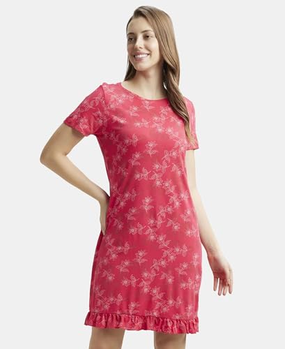 Image of Jockey RX25 Women Micro Modal Cotton Ruffled Hem Styled Half Sleeve Printed Sleep Dress (Colors & Prints May Vary)