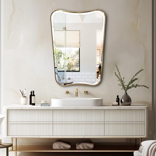 POZINO Irregular Beveled Mirror, 24"x36" Modern Bathroom Vanity Mirror, Brushed Gold Aesthetic Mirrors with Stainless Steel Frame, Butterfly Shape Wall Mirrors for Bedroom Living Room Entryway — view 3