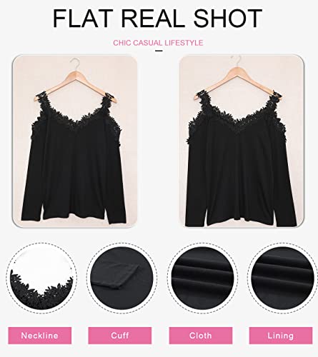 Dokotoo Fall Casual Cold Shoulder Tops For Women Lace Trim Hollowed Out Long Sleeve Sweatshirts T Shirt Women Off The Shoulder Sexy Halter Neck Top Pullover Tunic Blouses 2021 Fashion Black X-Large #TOP4