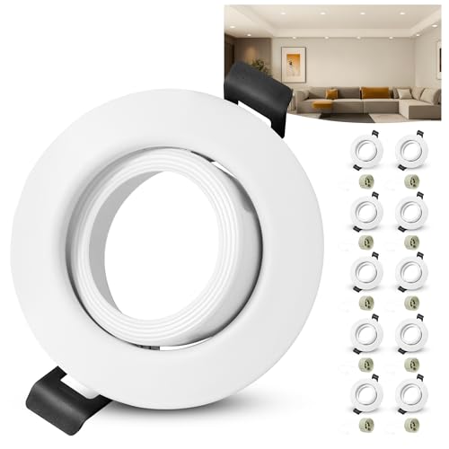 Laiebri 10er LED Einbaustrahler GU10 Einbaurahmen Rund Spot Ultra Flach 68mm Lochmass Einbauleuchten Einbauspots 45° Schwenkbar Deckenspots Weiß Inkl. GU10 Fassung für LED oder Halogen Leuchtmittel