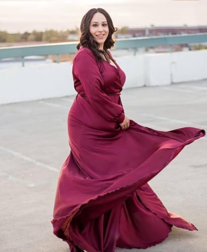 Long Sleeve Bridesmaid Dresses for Wedding Satin V-Neck Formal Dress Pleated Evening Party Gown with Slit4