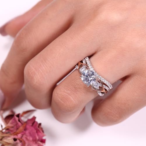 Jeulia Two Tone Rings for Women Rose Gold Three Stone Round Cut Engagement Rings Sterling Silver Halo Bridal Ring Set Anniversary Promise Wedding Ring with Jewelry Gift Box (7) - Image 6