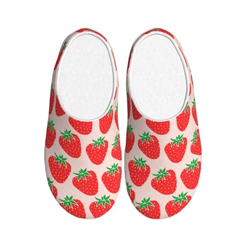 Cute Strawberries Full Print Flannel Slippers，Soft Warm Upper, Anti-Slip TPR Sole, for Casual Use