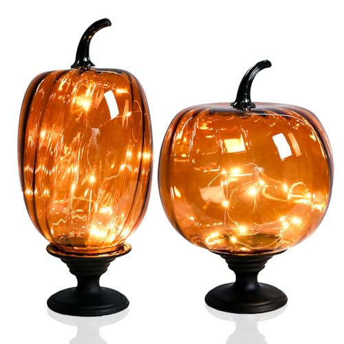 Glass Pumpkin Lights with Warm Yellow LED String, Set of 2 – 13.4” & 11.8” Tall Amber Glass Pumpkins for Fall, Halloween, Thanksgiving Table Centerpiece, Indoor Autumn Home Decor