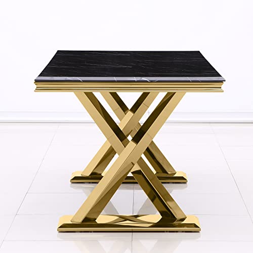 Anewsun Dining Table For 6 People, Modern Luxury Rectangular Table With Gold Mirror Stainless Steel Metal X-Base #TOP3