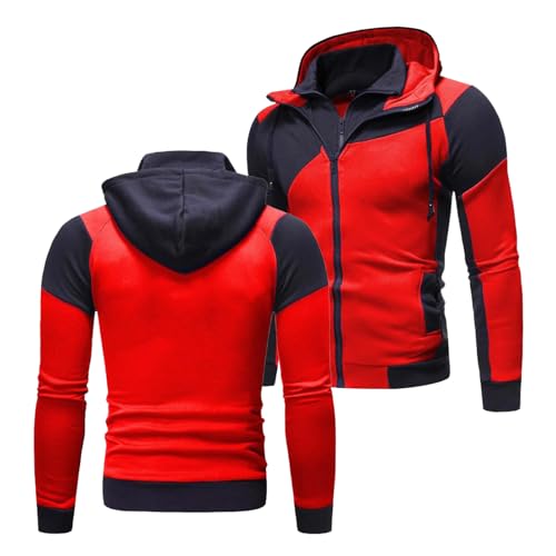 Men's Double Zipper Hoodies Long Sleeve Contrast Color Sweatshirt Sport Jacket Lightweight Outwear-Red||L