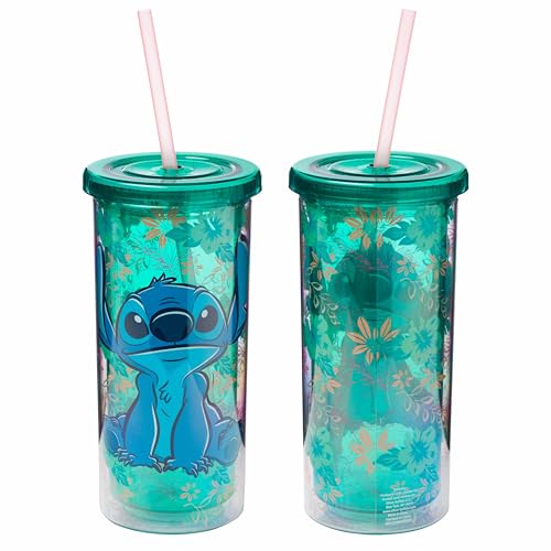 Image of Silver Buffalo Disney Lilo and Stitch Tropical Pattern Plastic Tall Cold Cup with Lid and Straw, 20 Ounces (Pack of 12)