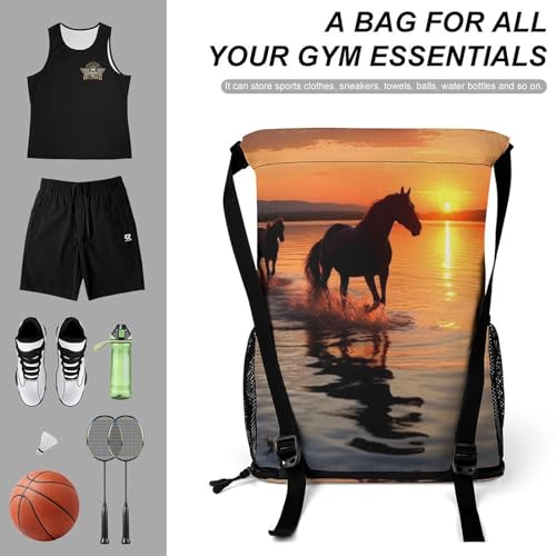 Drawstring Backpack Sports Gym Bag Resistant Sackpack Sunsets Lake Horses String Bag for Women Men3