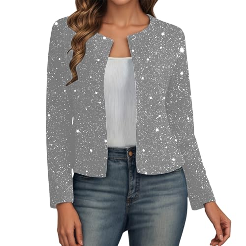 Hsternexy Jacke Silber Damen,Glitzer Strickjacke Damen Kurz Offene Vorne Cardigan Langarm Bolero Dünne Elegant Pailletten Jacke Bolerojacke Leicht Schulterjacke Trachten Silvester Festliche Oberteile