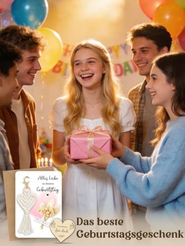 Geburtstagsgeschenk für Frauen, Geburtstag Geschenk Set mit Geburtstagskarte Frau, Makramee Schlüsselanhänger mit Trockenblumen und Herzförmige Holzspäne, Geschenk für Freundin Geburtstag – Bild 7