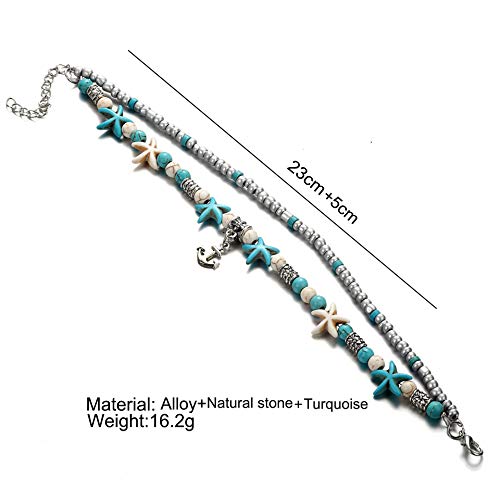 Image of Softones Blue Starfish Turtle Anklet Multilayer Charm Beads Sea Handmade Boho Anklet Foot Jewelry for Women