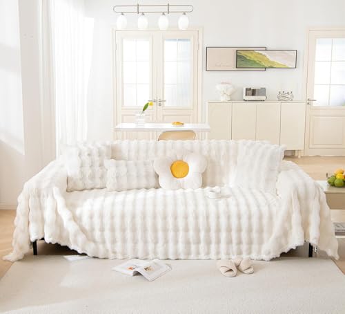 VM VOUGEMARKET Thick Faux Rabbit Fur Couch Cover 1-Piece Warm Soft Cozy Sofa Covers,Fluffy Plush Sofa Slipcover Furniture Protector for Bed Couch (White,71